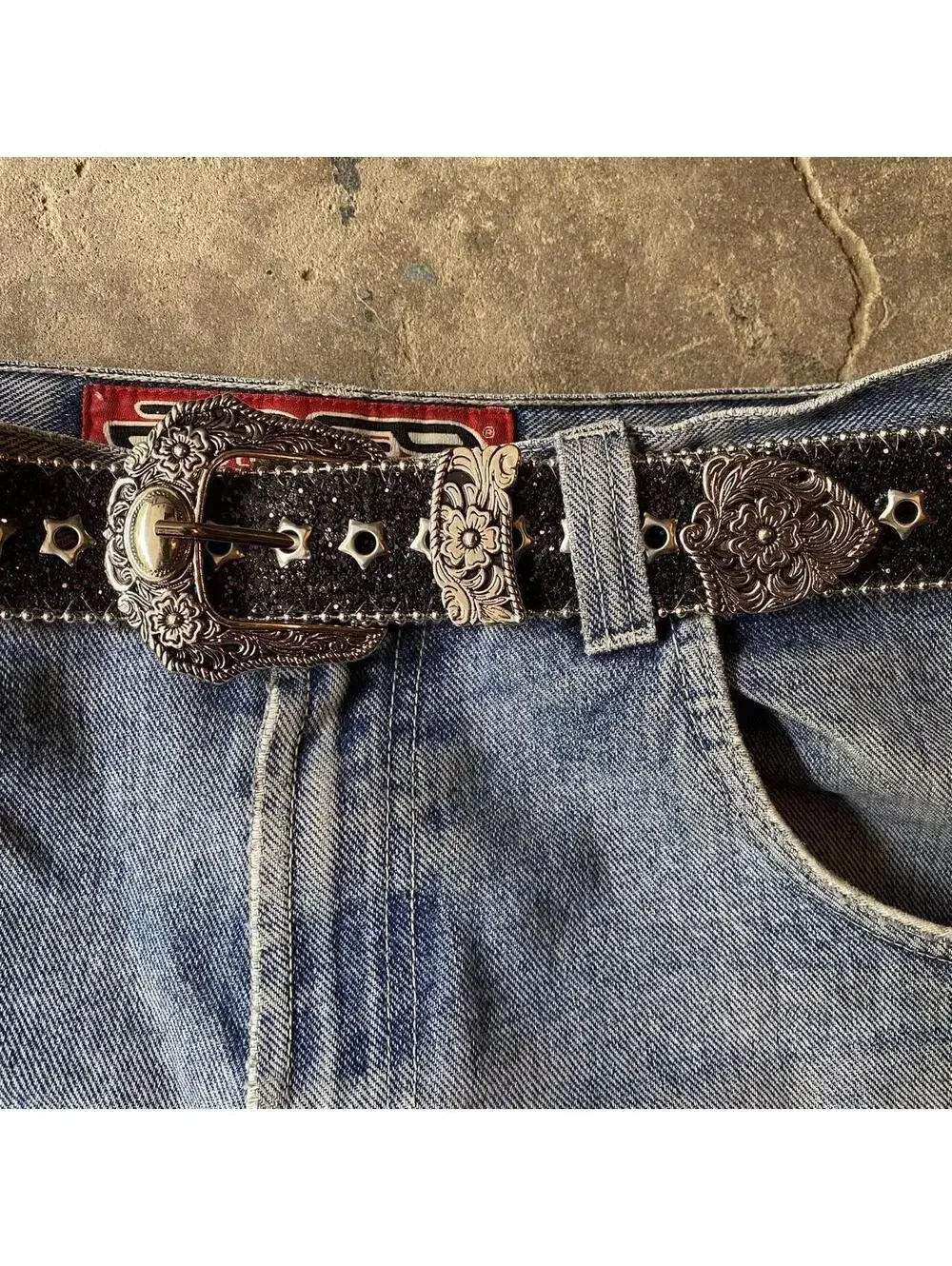 Y2k Style Studded Black and Silver 2-Tone Rhinestone belt. Cool grunge/punk